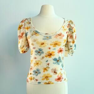 Anthropologie Fall Floral Puff Sleeve Scoop Neck XS Cottagecore Soft Romantic